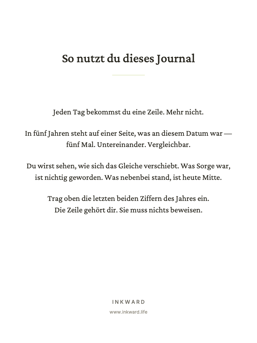 Innenseite der Vorlage „Eine Zeile pro Tag“: So nutzt du dieses Journal
