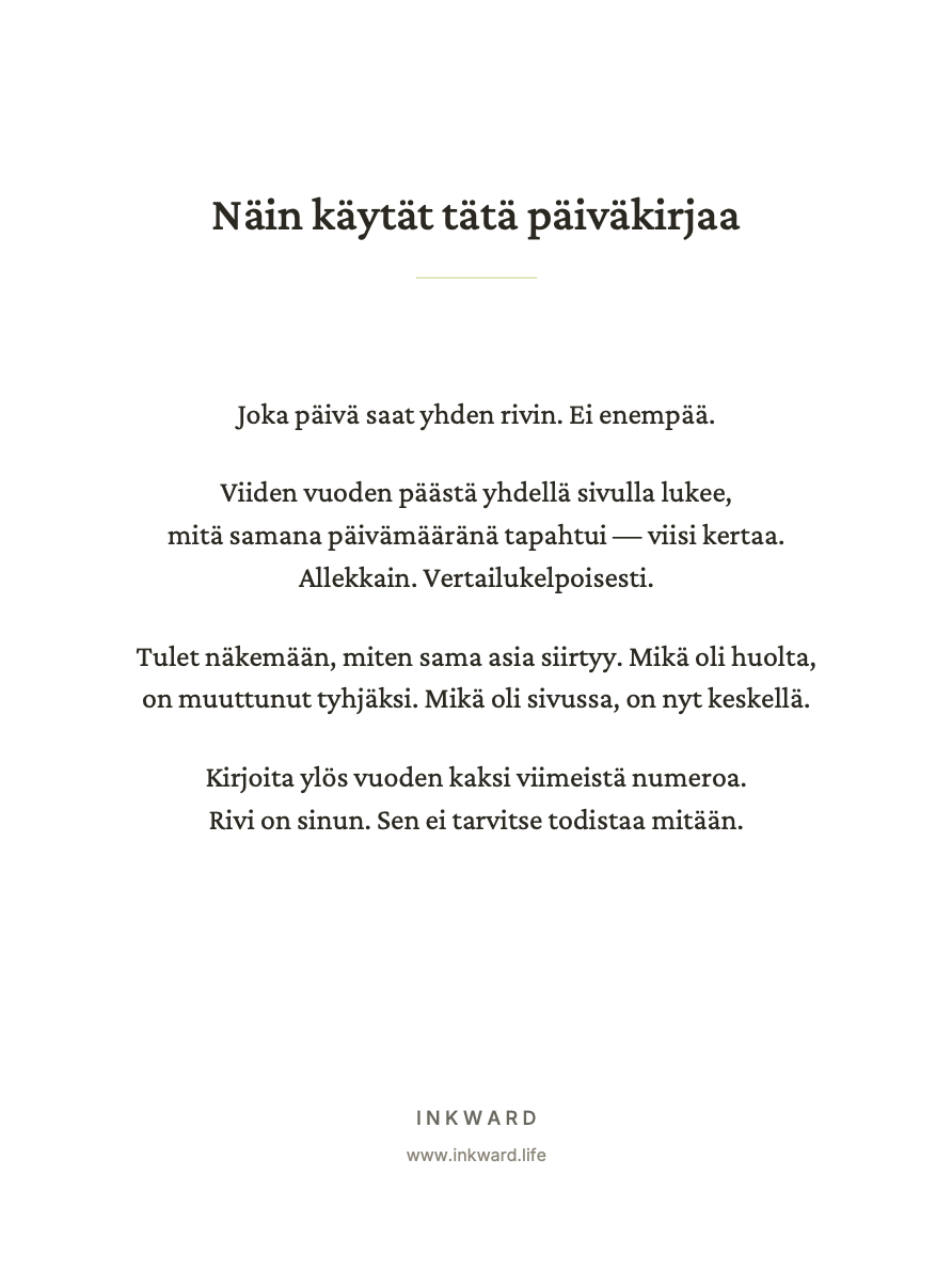 Pohjan „Yksi rivi päivässä“ sisäsivu: näin käytät tätä päiväkirjaa