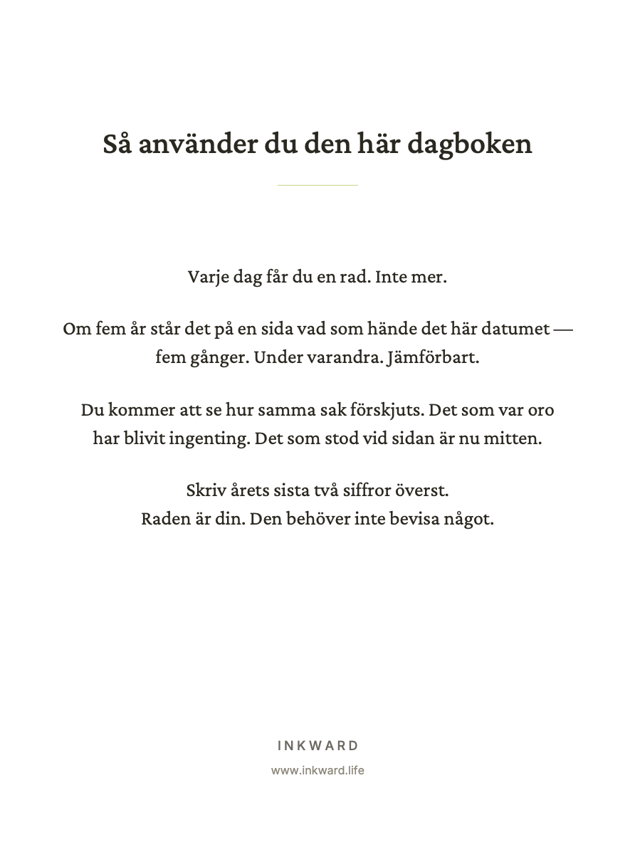 Insida av mallen ”En rad om dagen”: Så använder du den här dagboken